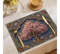 6 Pezzi Tovagliette Americana Blu Navy Albero Floreale Stile Persiano 3D 45X30Cm Tovaglietta Americane In Lino Motivo Piante Tradizionale Lavabili Sottopiatto Per Sala Da Pranzo Tavolo Da Cucina