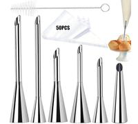 6 Pezzi Ugello di Riempimento Beccucci Sac a Poche Bocchetta Con spazzola per la pulizia e 50 sac à poche per Farcire Beccuccio Crema Pasticcera Acciaio Inossidabile per Cupcake Eclairs (6)