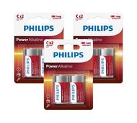 6 Philips Power Alkaline C Batteries 1.5V Blister LR14 Baby 2Bl Exp 2030 Nuovo