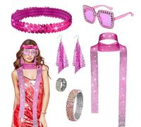 6 Pièces Deguisement Disco Femme, Accessorio Costume Disco des Années 1970, Boucles d'Oreilles, Bandeau Paillettes, Lunettes de Soleil, Bracelet, Anneau et Foulard en Strass pour Soirée Carnaval