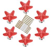 6 Pomoli in ceramica a forma di stella marina per armadietti, pomelli per mobili per bambini, pomelli per armadio, maniglie per mobili, Pomelli Cucina con 4 Dimensioni Vite (Rosso)
