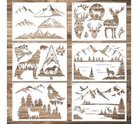 6 pz Stencil Montagna per Dipingere su Legno, Stencil Riutilizzabili per Bruciare il Legno Fauna Selvatica Cervo Modello Foresta per Disegnare Pareti, Tessuti, Mobili, Tela, Artigianato