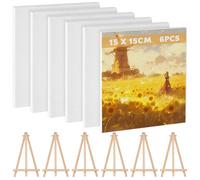 6 PzTela per Dipingere, Tele per Dipingere 100% Cotone, Arte Tele da DipingereTavola Tela Bianca 15 x 15 cm Piccolo Pittura su Tela per Colori Olio ed Acrilico + 6 Mini Cavalletto in Legno(11x19cm)