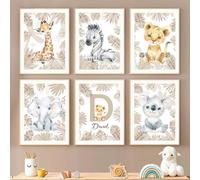 6 Quadretti Personalizzati Bimba Quadro con Nome Bambino Boho Beige Grigio Stampe Animali del Bosco Leone Elefante Giraffa Zebra Koala Poster Ragazzi Cameretta Quadro Tela 21 x 30 cm senza Cornice