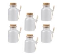 6 Set Barattolo per Polveri Cosmetiche Coperchio in Legno e Cucchiaio | Bottiglia Trasparente Satinata, Plastica Bianca, per Sali da Bagno e Lozioni, Set per Casa e Saloni