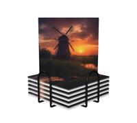6 sottobicchieri con supporto, sottobicchieri in ceramica per tipi di tazze, sottobicchieri a forma di mulino a vento al tramonto per bevande, protezione da tavolo, sottobicchieri assorbenti per