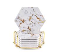 6 sottobicchieri in marmo per bevande, assorbenti con fondo in sughero, sottobicchieri esagonali per tavolo in legno con supporto in metallo (Nero-bianco)