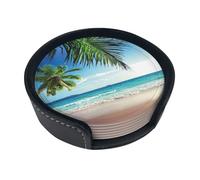 6 sottobicchieri in pelle con motivo palma tropicale e spiaggia delle Hawaii, con supporto, per ufficio, cucina, sala da pranzo, soggiorno, 9,9 cm