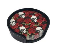6 sottobicchieri in pelle con motivo teschio di rosa, con supporto, per ufficio, cucina, sala da pranzo, soggiorno, 9,9 cm
