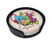 6 sottobicchieri in pelle con stampa di graffiti e musica divertente, con supporto, per ufficio, cucina, sala da pranzo, soggiorno, 9,9 cm