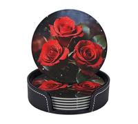 6 sottobicchieri in pelle resistente al calore, con supporto, romantici sottobicchieri rotondi con rose rosse, per bevande e caffè, protezione da tavolo, per cucina, bar