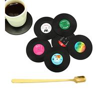 6 sottobicchieri in silicone antiscivolo con 1 cucchiaino da caffè, timbri CD in vinile retrò, tamponi di isolamento termico, protezioni per ufficio, sottobicchieri rotondi per caffè, bevande