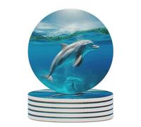 6 sottobicchieri per bevande a forma di delfino che nuota nel mare blu con base in sughero, sottobicchieri rotondi per tazze, tappetino di protezione da tavolo per vari tipi di tazze