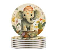 6 sottobicchieri per bevande a forma di elefante con pianta e base in sughero, sottobicchieri rotondi per tazze, tappetino di protezione da tavolo per vari tipi di tazze