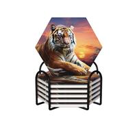 6 sottobicchieri per bevande con supporto, sottobicchieri in ceramica per tipi di tazze, sottobicchieri colorati tigre tramonto per bevande, protezione da tavolo, sottobicchieri assorbenti per
