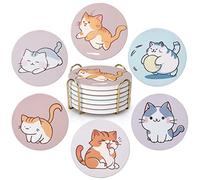 6 sottobicchieri simpatici per gatti divertenti con supporto sottobicchieri in ceramica assorbenti per tavolo, sottobicchiere, regalo per bevande rotonde per birra, sottobicchieri da bar