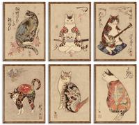 6 stampe artistiche da parete con gatto samurai giapponese, poster giapponesi Bushido Decor Kung Fu dipinti tatuaggio divertente fantasia foto foto poster pittura per soggiorno stampa camera da letto
