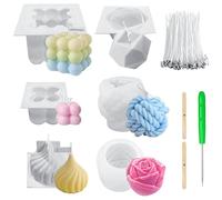 6 stampi in silicone per candele, kit per candele fai da te con 6 stili, include 100 stoppini e supporti per stoppini, stampi in silicone 3D per cera, candele profumate e artigianato domestico