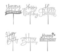6 topper per torta in argento con scritta "Happy Birthday" per decorazioni per torte, in acrilico, lettere di buon compleanno per torte, topper per cupcake in argento personalizzati, inserti per torte