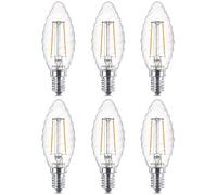 6 x Philips LED Lampadina Filamento Candela 2W=25W E14 Trasparente