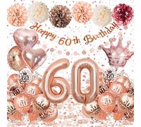 60 Anni Compleanno Donna,Palloncini 60 Anni Compleanno Oro Rosa, Decorazioni Compleanno 60 Anni con Palloncini Cuori e Corone, Striscione Happy 60th Birthday, Pompon di Carta, Decorazioni Festa Donna