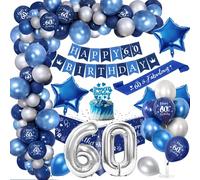 60 Anni Palloncini Compleanno Uomo, Royal Blu Argento Festa Decorazioni con Happy Birthday Banner, Cake Topper, Tovaglia, Birthday Sash - 60 Decorazioni