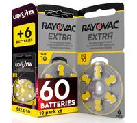 60 Batterie per Apparecchi Acustici Rayovac Extra Tipo 10 + 6 Pile Udivita