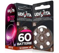 60 Batterie per Apparecchi Acustici Udivita Misura 312 PR41 a Lunga Durata con Tecnologia Phono Pulse - 10 Blister da 6 Pile