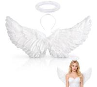 60 cm, ali d'angelo, bianche, ali d'angelo con aureola | Costume da ali d'angelo da donna, ali d'angelo, decorazione per adulti, ali di piume, per feste di carnevale