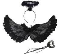 60 cm, ali d'angelo, colore nero, con alone e bacchetta magica, per donne e ragazze, per feste di carnevale, travestimento