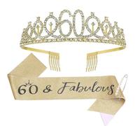 60 ° Compleanno Tiara E Fascia 60 Fabulous Champagne Glitter Satin Sash E Crystal Tiara Princess Birthday Crown for Women 60th Birthday Party Decoration
