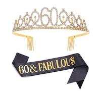 "60 & Fabulous", set di diadema con fascia e strass, regalo per il 60° compleanno da donna, fascia di compleanno, diadema per 60° compleanno da donna, decorazione per festa di compleanno (nero 60°),