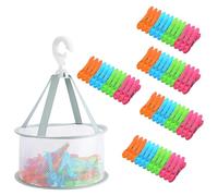 60 mollette da bucato con cesto, mollette antivento senza impronte, in plastica, grandi per vestiti, con rete e graffette, multicolore