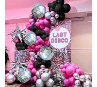 60 pezzi/150 pezzi Kit di ghirlanda ad arco con palloncini a sfera disco, in rosa acceso, nero, argento metallico, palloncini in lattice, sfere da discoteca, coriandoli a stella in lamina, decorazioni