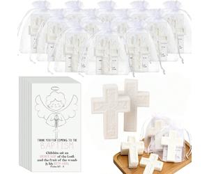 60 pezzi/20 set Bomboniere per battesimo per gli ospiti, saponette a forma di croce per doccia del bambino, saponette profumate con biglietti di auguri, sacchetti in organza, battesimo, comunione, bat