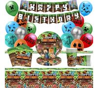 60 Pezzi Decorazioni Compleanno Miner, Set di Stoviglie Compleanno per Bambini, Miner Decorazioni per Feste Compleanno, Palloncini, Piatti, Bicchieri, Tovaglioli, Tovaglie, Striscioni