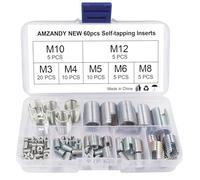 60 Pezzi Inserti Filettati M3 M4 M5 M6 M8 M10 M12,Set Inserto Filettato Autofilettante in Acciaio al Carbonio,Filettatura Rinforza Strumento di Riparazione
