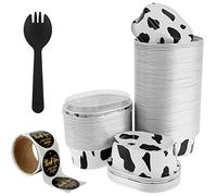 60 pirottini da forno in pellicola di alluminio, con coperchi trasparenti e cucchiai, riutilizzabili, 68 ml, per torte, formaggi, dessert (60 pezzi, motivo mucca)