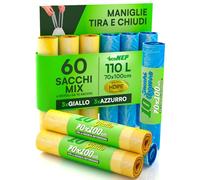 60 Sacchi per Raccolta Differenziata in Plastica HDPE 70x100cm 110L con Maniglie Tira e Chiudi Colore Giallo e Azzurro Sacchetti Antiforo per Rifiuti Pattumiera Condominiale 6 Rotoli a Strappo