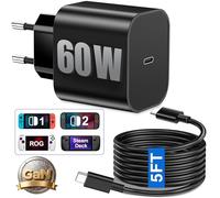 60 W Switch 2 Alimentatore di rete, USB-C Rapido Caricatore Sostituzione Switch 2 AC Adattatore con GaN Tech per Nintendo/OLED/Lite/Steam Deck/Rog Ally, Supporta la modalità TV 4K, per tablet/laptop