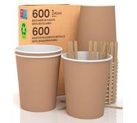 600 Bicchieri in Carta Avana 240ml in Carta con Palette Monouso Bevande Calde e Fredde Tè Infusi Acqua Ecologici Biodegradabili Tazze Monouso Colorate + 600 Palette da 11cm in Legno di Betulla