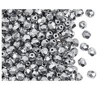 600 perline in vetro sfaccettato ceco, lucidate a fuoco, rotonde 4 mm, cristallo / labrador (argento metallico)