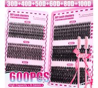 600 pezzi ciglie finte a grappolo con arriccio D, grande capacità, 30D+40D+50D+60D+80D+100D, 8-16mm, kit di grappoli di ciglie finte fai-da-te, aspetto naturale, spesse e lunghe, super morbide e legge