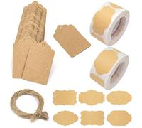 600 Pezzi Etichette Adesive in Carta Kraft Set con Cartellini, Marrone Etichette Autoadesive, 6 Forme Etichette Regalo per Conservazione Degli Alimenti, Cartelle, Bottiglie, Regalo (2 Rotoli)