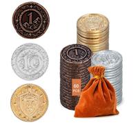 60PCS monete metalliche per giochi da tavolo, valori misti oro/argento/rame | Aumenta l'immersione di gioco con monete metalliche (valori 1/10/100). D&D Pathfinder TTRPG LARP Pirate Board Game Family