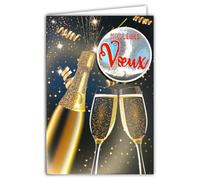 61-6139 - Biglietto d'auguri Champagne Flutes, bottiglia nera e oro, con 1 collage MIGLIORI Auguri brillanti in rilievo 3D +1 busta bianca formato 12 x 17,5 cm, idea regalo per feste di fine anno