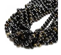 61 perline di ossidiana nere dorate da 6 mm, pietra naturale, rotonde, vera pietra per la produzione di braccialetti fai da te, cordoncini per gioielli
