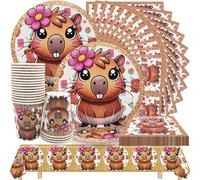 61 pezzi Capibara Stoviglie, Stoviglie per feste Capybara per compleanni per tema animale Set di Decorazioni per feste, Compresi piatti di carta, bicchieri, tovaglioli e tovaglie