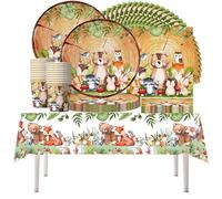 61 pezzi di stoviglie per la festa degli animali della foresta con venature di legno, simpatiche stoviglie per il compleanno dei bambini, decorazioni per la festa per 20 persone