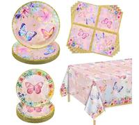 61 pezzi farfalla decorazioni di compleanno - rosa farfalla decorazioni per feste piatti, tovaglioli e fiori tovaglia per fata farfalla compleanno accessori per feste di compleanno serve 20